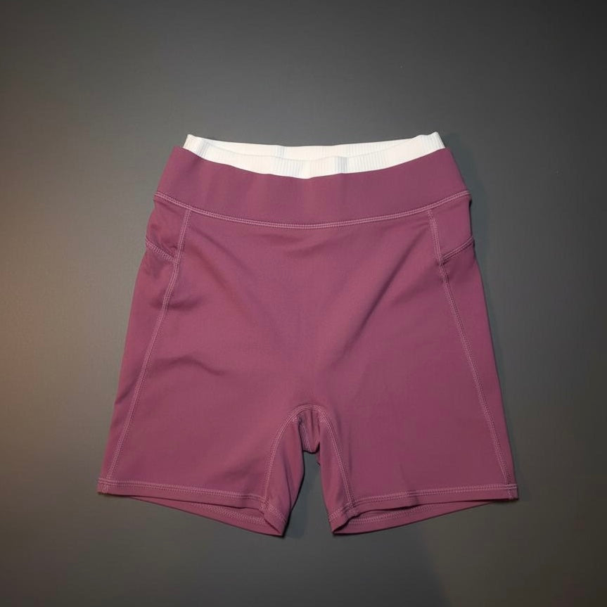 LAYERED CONTRAST WAIST BIKER SHORTS-MAUVE PINK