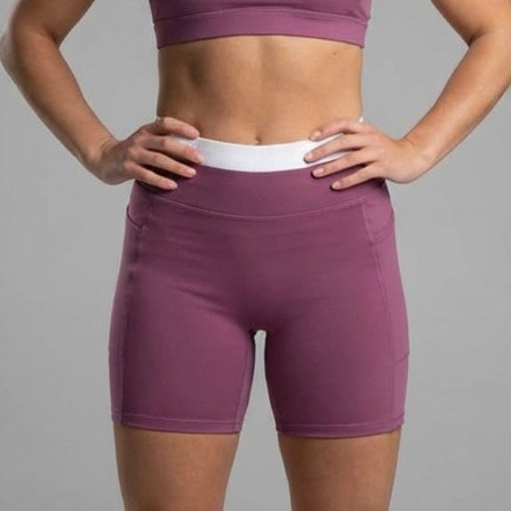LAYERED CONTRAST WAIST BIKER SHORTS-MAUVE PINK