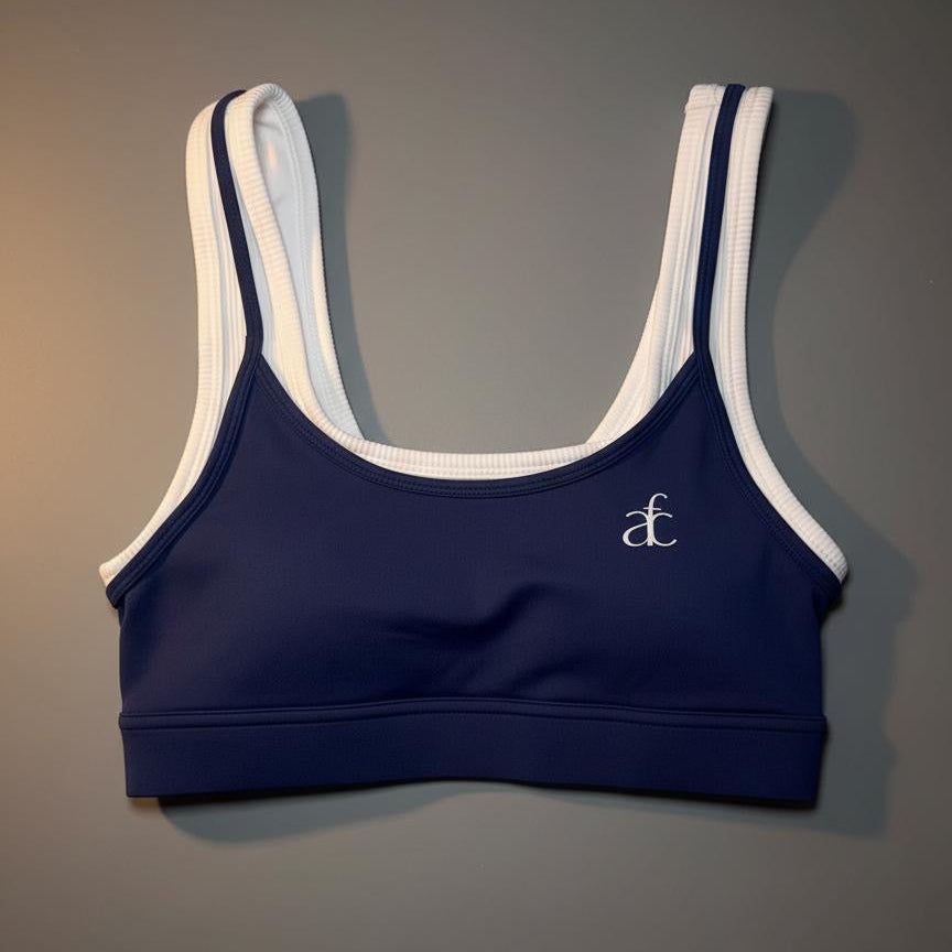 LAYERED SCOOP NECK SPORTS BRA-NAVY