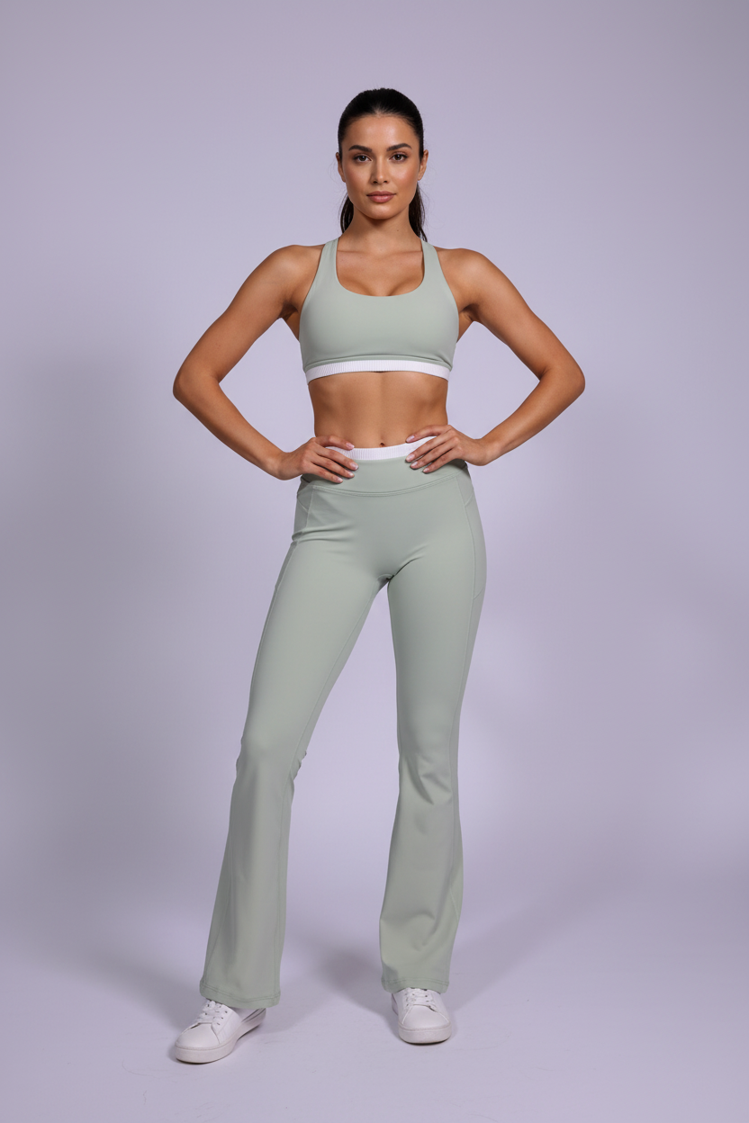 Sage Green Flared Leggings - Front